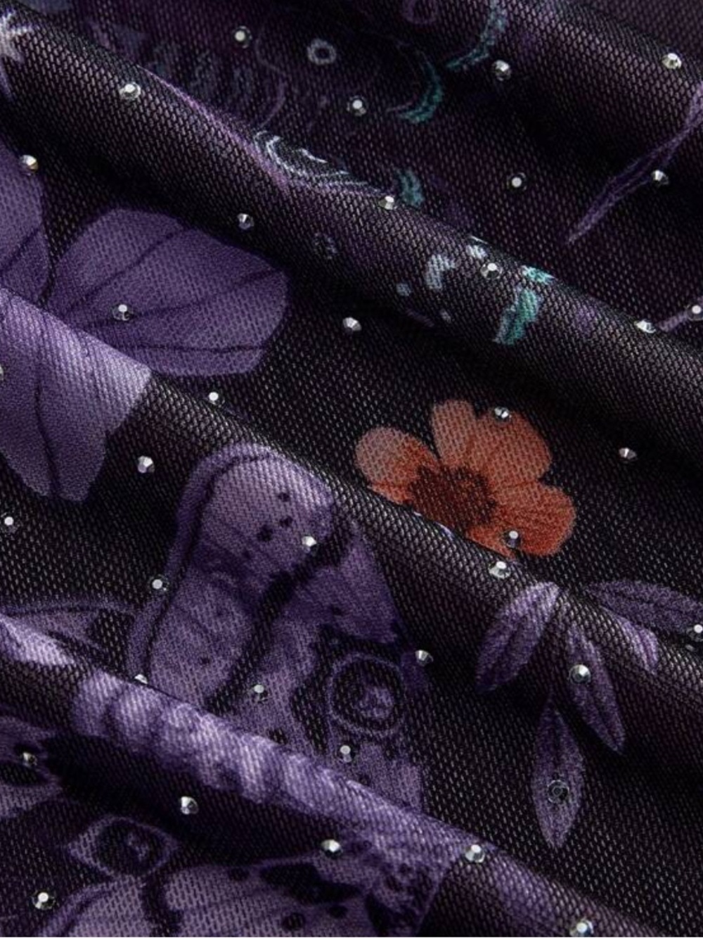 Whimsigoth Purple Floral Asymetrical Maxi Skirt with Tie Waist and Rhinestones - Picture 3 of 11